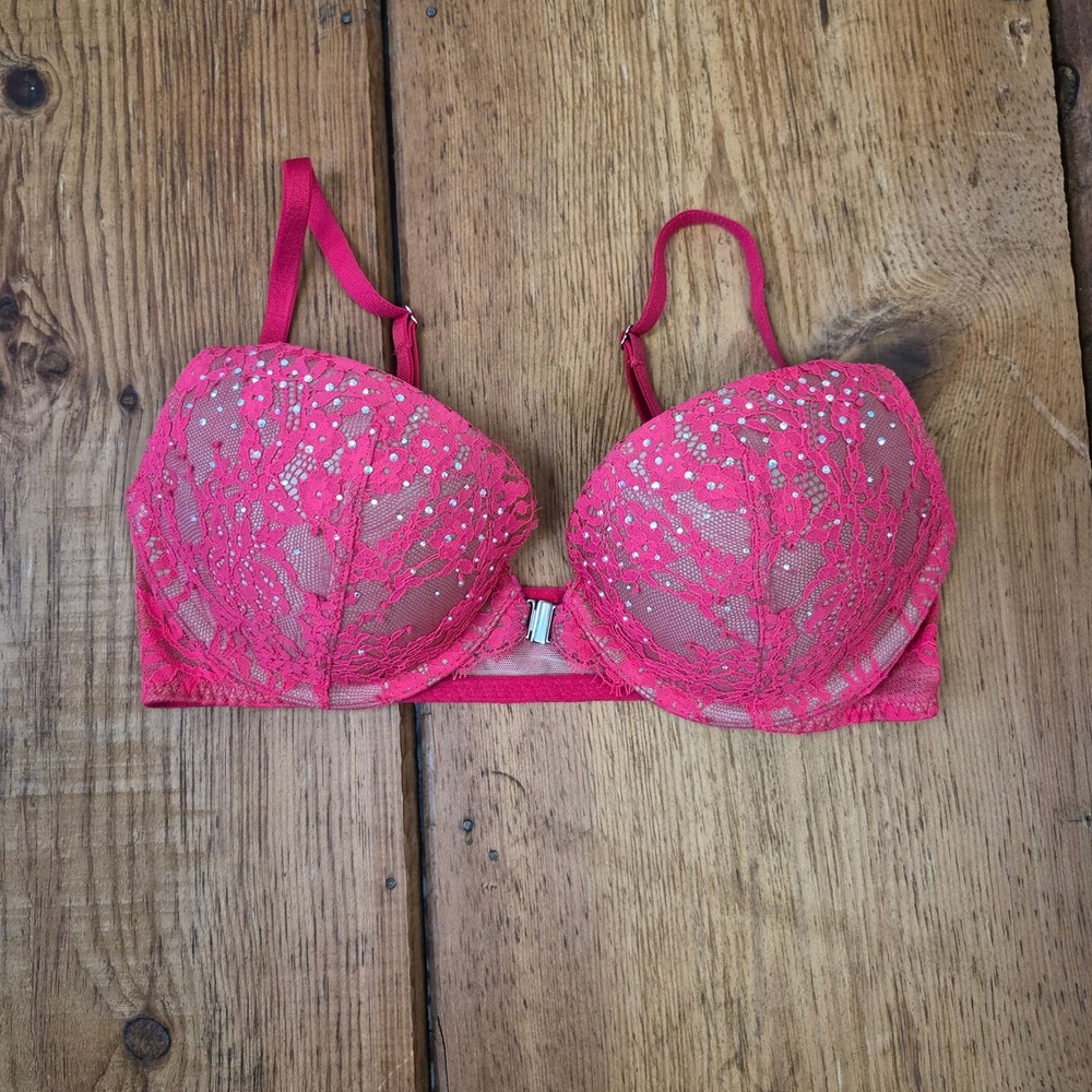 Victoria's Secret Very Sexy Pink Lace Rhinestone Front Close Push-Up Bra 32C